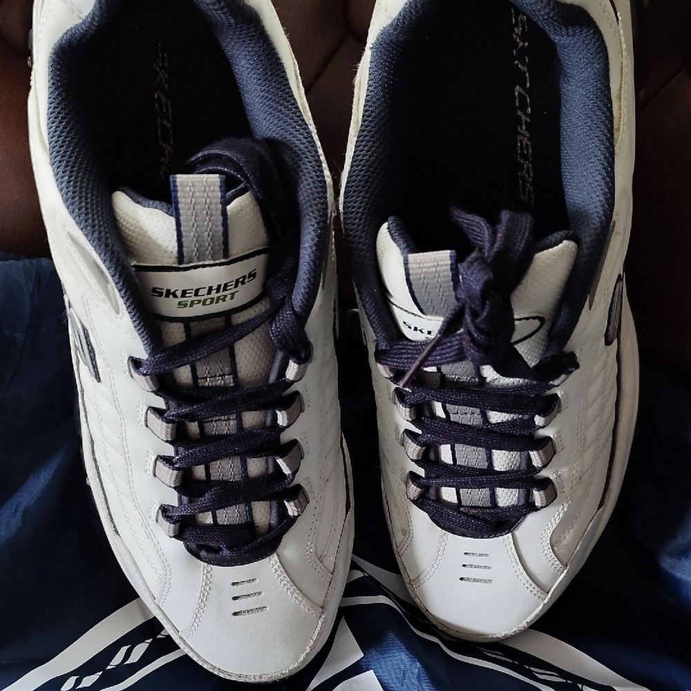 Sport, Skechers Men's White and Navy Athletic Shoes